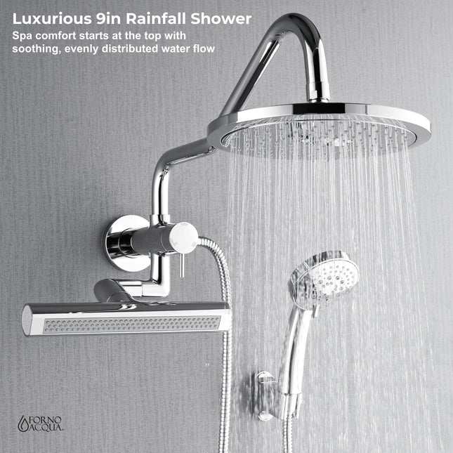 Forno Acqua AcquaFALL Mini Shower Head, Polished Stainless Steel Finish, Overhead Rainfall Shower, 7 Way Diverter, Handheld Shower Head, Body Jets, 1.8 GPM Flow Rate FORNO ACQUA