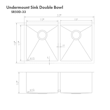 ZLINE 33 in. Anton Undermount Double Bowl Stainless Steel Kitchen Sink with Bottom Grid (SR50D-33)