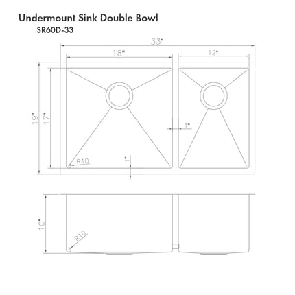 ZLINE 33 in. Chamonix Undermount Double Bowl Stainless Steel Kitchen Sink with Bottom Grid (SR60D-33)