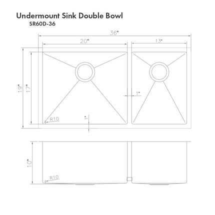 ZLINE 36 in. Chamonix Undermount Double Bowl Stainless Steel Kitchen Sink with Bottom Grid (SR60D-36)