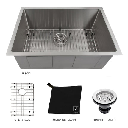 ZLINE 30 in. Meribel Undermount Single Bowl Stainless Steel Kitchen Sink with Bottom Grid (SRS-30)