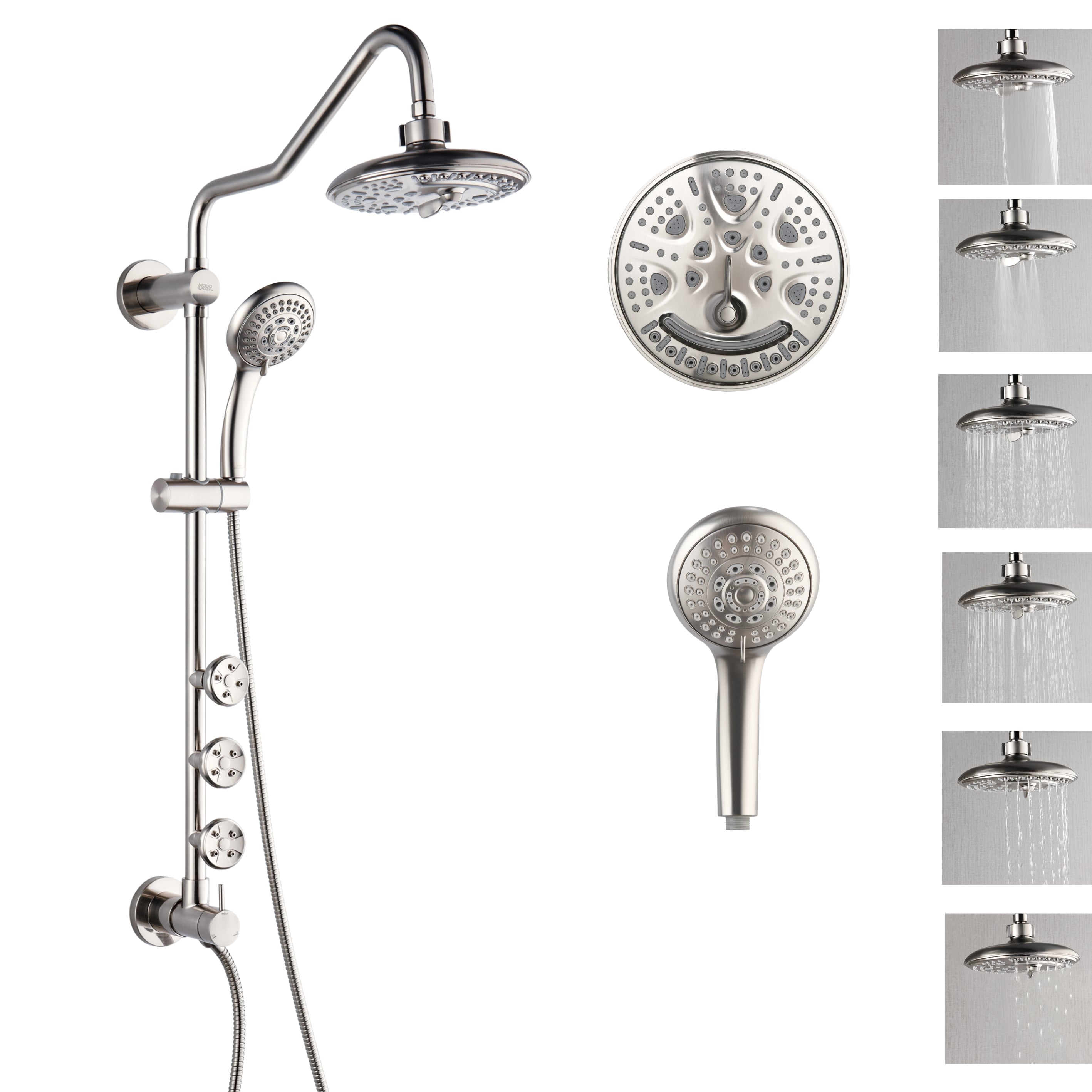 Forno Acqua AcquaSPA Retrofit Shower, Overhead Rainfall, 8 Inch Shower Head, Handheld Shower Head, Body Jets, 6 Way Diverter, Brushed Nickel Finish, 1.8 GPM Flow Rate