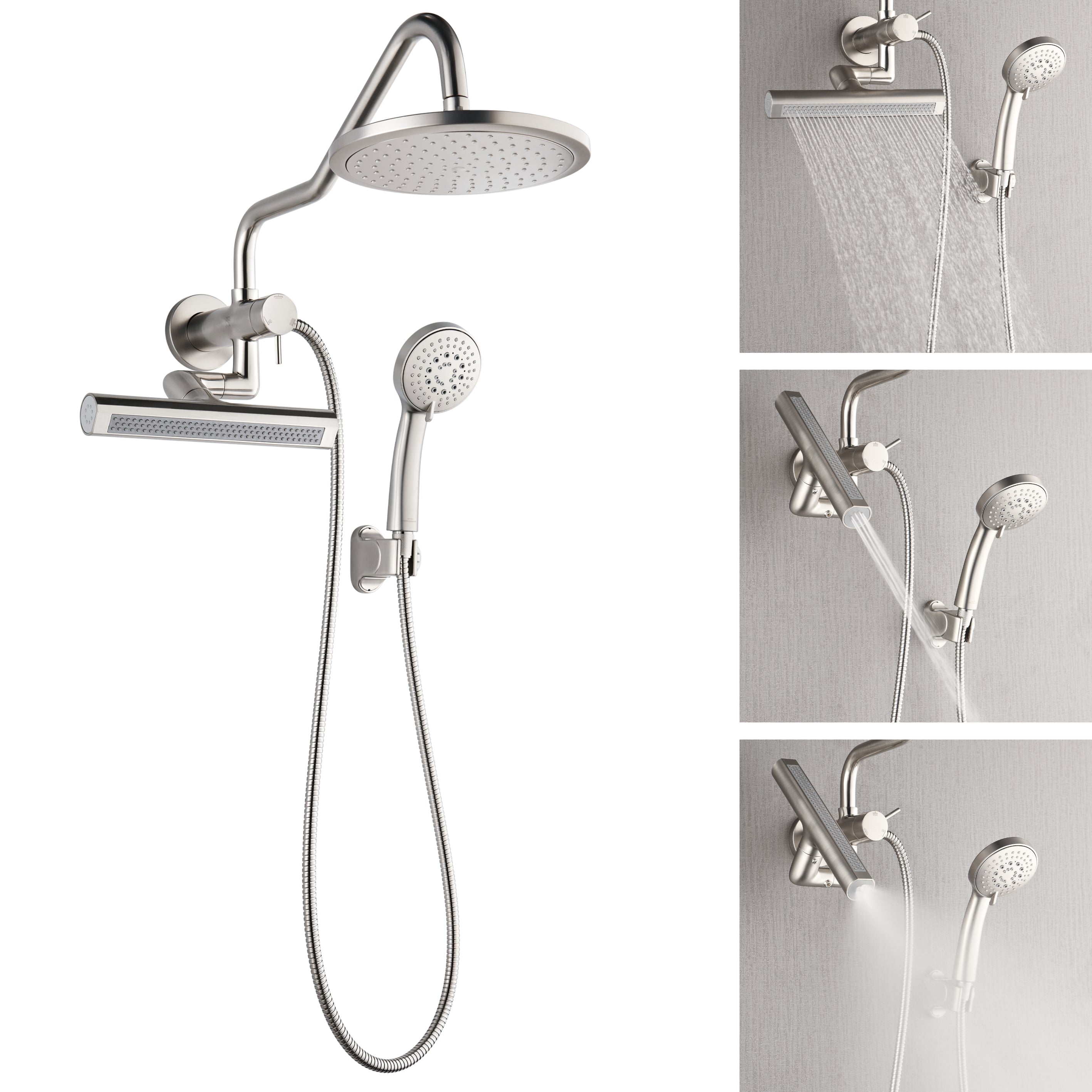 Forno Acqua AcquaFALL Mini Shower Head, Brushed Nickel Finish, Overhead Rainfall Shower, 7 Way Diverter, Handheld Shower Head, Body Jets, 2.5 GPM Flow Rate