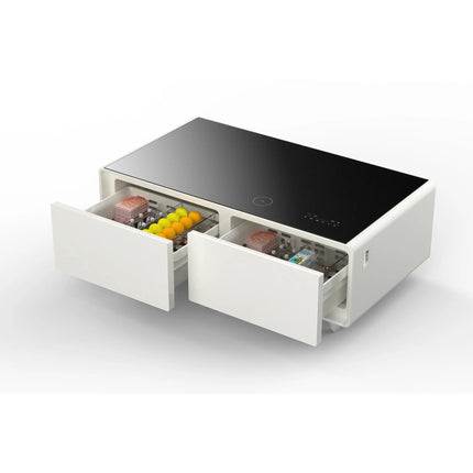 Forno Evoluto Tavolo 51-Inch White Smart Coffee Table – Dual Refrigerator Drawers, Bluetooth 5.0 Audio, Wireless Charging & RGB Ambient Light FORNO