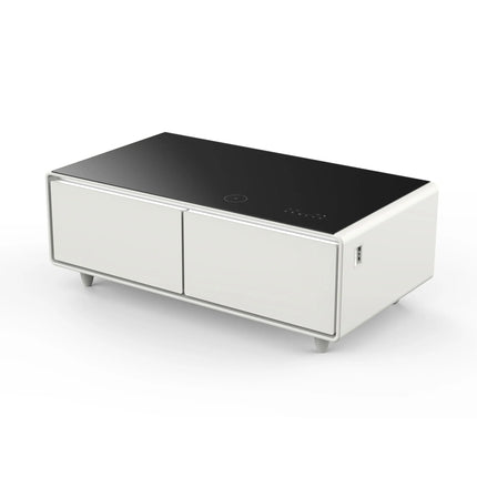 Forno Evoluto Tavolo 51-Inch White Smart Coffee Table – Dual Refrigerator Drawers, Bluetooth 5.0 Audio, Wireless Charging & RGB Ambient Light FORNO