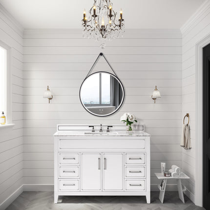 Sangle Round LED Mirror Black Framed Lighted Bathroom Vanity Mirror and Vegan Leather Strap Ancerre Designs