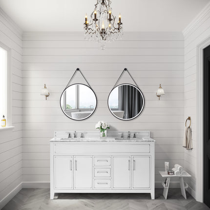 Sangle Round LED Mirror Black Framed Lighted Bathroom Vanity Mirror and Vegan Leather Strap Ancerre Designs