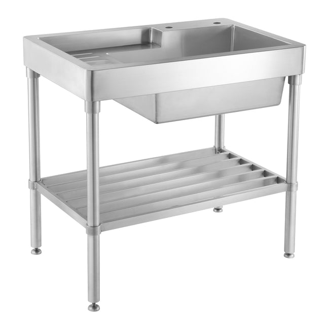 Whitehaus Pearlhaus Brushed Stainless Steel Single Bowl, Freestanding Utility Sink With Drainboard And Lower Rack - WH33209-LEG-NP Whitehaus
