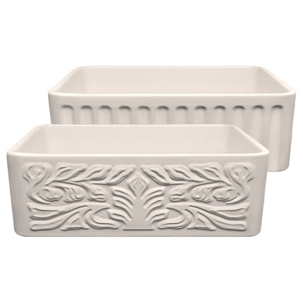 Whitehaus Farmhaus Fireclay Reversible Sink With A Gothichaus Swirl Design Front Apron On One Side - WHFLGO3018-BISCUIT Whitehaus
