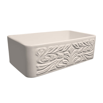 Whitehaus Farmhaus Fireclay Reversible Sink With A Gothichaus Swirl Design Front Apron On One Side - WHFLGO3018-BISCUIT Whitehaus