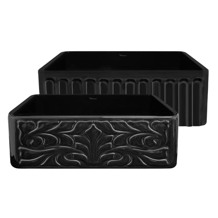 Whitehaus Farmhaus Fireclay Reversible Sink With A Gothichaus Swirl Design Front Apron On One Side - WHFLGO3018-BLACK Whitehaus