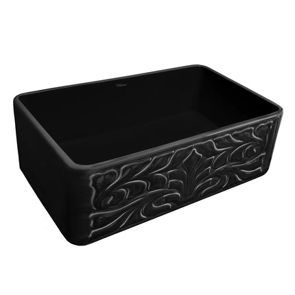 Whitehaus Farmhaus Fireclay Reversible Sink With A Gothichaus Swirl Design Front Apron On One Side - WHFLGO3018-BLACK Whitehaus