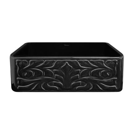 Whitehaus Farmhaus Fireclay Reversible Sink With A Gothichaus Swirl Design Front Apron On One Side - WHFLGO3018-BLACK Whitehaus