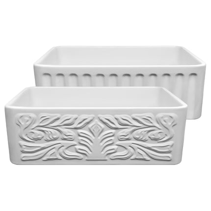Whitehaus Farmhaus Fireclay Reversible Sink With A Gothichaus Swirl Design Front Apron On One Side - WHFLGO3018-WHITE Whitehaus