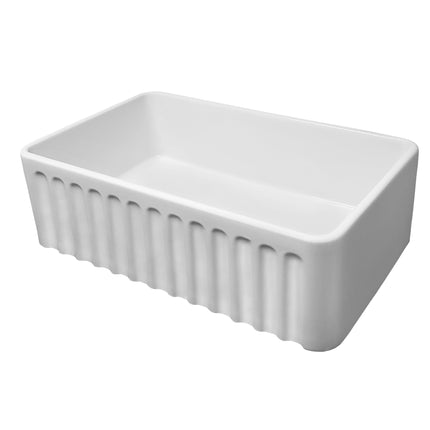 Whitehaus Farmhaus Fireclay Reversible Sink With A Gothichaus Swirl Design Front Apron On One Side - WHFLGO3018-WHITE Whitehaus