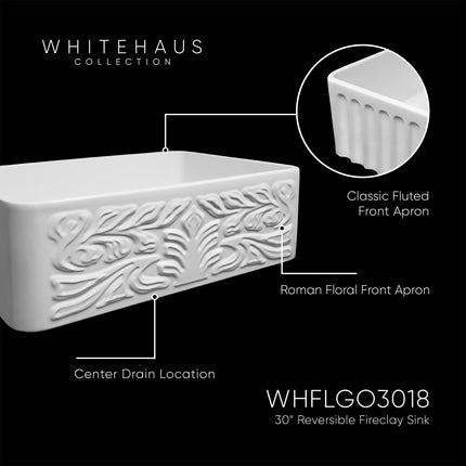 Whitehaus Farmhaus Fireclay Reversible Sink With A Gothichaus Swirl Design Front Apron On One Side - WHFLGO3018-WHITE Whitehaus
