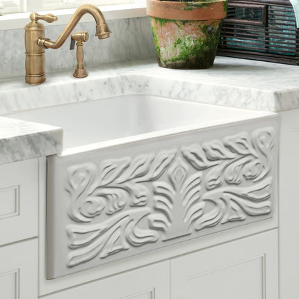 Whitehaus Farmhaus Fireclay Reversible Sink With A Gothichaus Swirl Design Front Apron On One Side - WHFLGO3018-WHITE Whitehaus