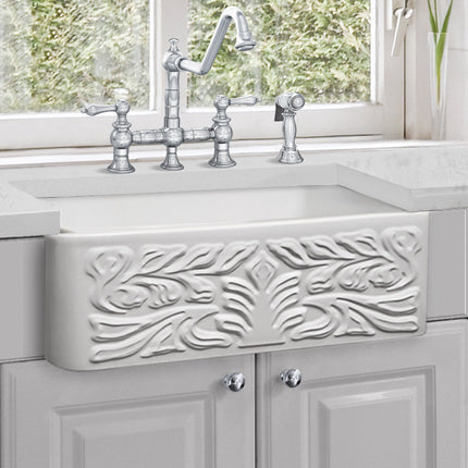 Whitehaus Farmhaus Fireclay Reversible Sink With A Gothichaus Swirl Design Front Apron On One Side - WHFLGO3018-WHITE Whitehaus