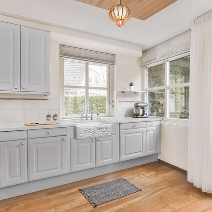 Whitehaus Farmhaus Fireclay Reversible Sink With A Gothichaus Swirl Design Front Apron On One Side - WHFLGO3018-WHITE Whitehaus