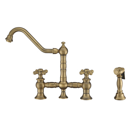 Whitehaus Vintage III Plus Bridge Faucet With Long Traditional Swivel Spout, Cross Handles And Solid Brass Side Spray - WHKBTCR3-9201-NT-AB Whitehaus