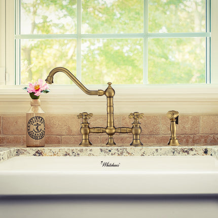 Whitehaus Vintage III Plus Bridge Faucet With Long Traditional Swivel Spout, Cross Handles And Solid Brass Side Spray - WHKBTCR3-9201-NT-AB Whitehaus
