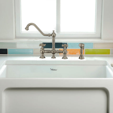 Whitehaus Vintage III Plus Bridge Faucet With Long Traditional Swivel Spout, Cross Handles And Solid Brass Side Spray - WHKBTCR3-9201-NT-BN Whitehaus