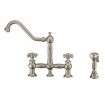 Whitehaus Vintage III Plus Bridge Faucet With Long Traditional Swivel Spout, Cross Handles And Solid Brass Side Spray - WHKBTCR3-9201-NT-BN Whitehaus