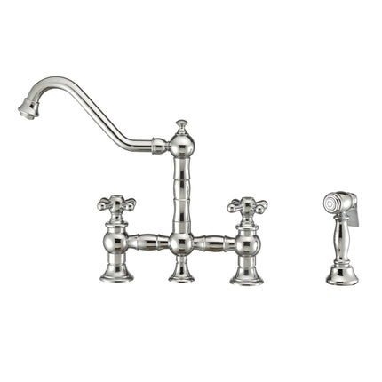 Whitehaus Vintage III Plus Bridge Faucet With Long Traditional Swivel Spout, Cross Handles And Solid Brass Side Spray - WHKBTCR3-9201-NT-C Whitehaus