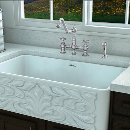 Whitehaus Vintage III Plus Bridge Faucet With Long Traditional Swivel Spout, Cross Handles And Solid Brass Side Spray - WHKBTCR3-9201-NT-C Whitehaus