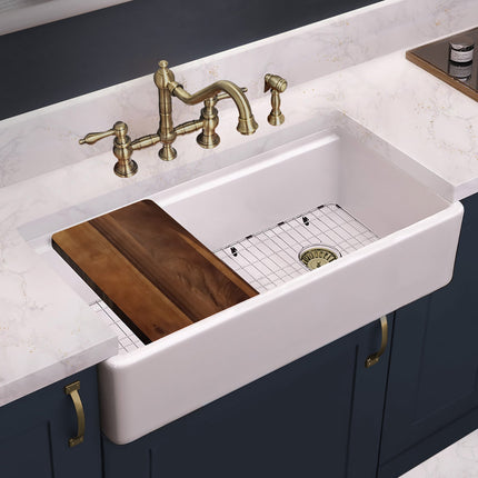 Whitehaus Vintage III Plus Bridge Faucet With Long Traditional Swivel Spout, Cross Handles And Solid Brass Side Spray - WHKBTCR3-9201-NT-AB Whitehaus