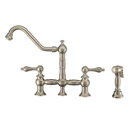 Whitehaus Vintage III Plus Bridge Faucet With Long Traditional Swivel Spout, Lever Handles And Solid Brass Side Spray - WHKBTLV3-9201-NT-BN Whitehaus