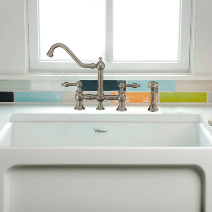 Whitehaus Vintage III Plus Bridge Faucet With Long Traditional Swivel Spout, Lever Handles And Solid Brass Side Spray - WHKBTLV3-9201-NT-BN Whitehaus