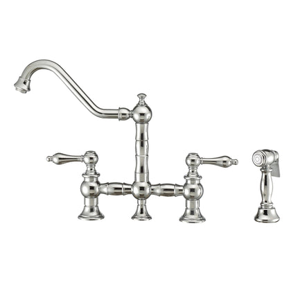 Whitehaus Vintage III Plus Bridge Faucet With Long Traditional Swivel Spout, Lever Handles And Solid Brass Side Spray - WHKBTLV3-9201-NT-C Whitehaus
