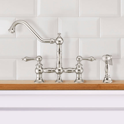 Whitehaus Vintage III Plus Bridge Faucet With Long Traditional Swivel Spout, Lever Handles And Solid Brass Side Spray - WHKBTLV3-9201-NT-C Whitehaus