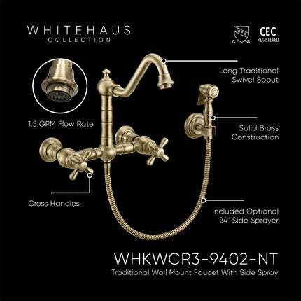 Whitehaus Vintage Iii Plus Wall Mount Faucet With A Long Gooseneck Swivel Spout - WHKWCR3-9402-NT-AB Whitehaus