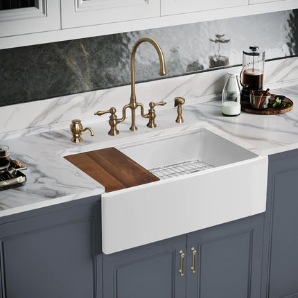Whitehaus 30" Reversible Single Bowl Fireclay Sink Set With A Smooth Front Apron, Walnut Wood Cutting Board And Stainless Steel Grid - WHLW3019 Whitehaus