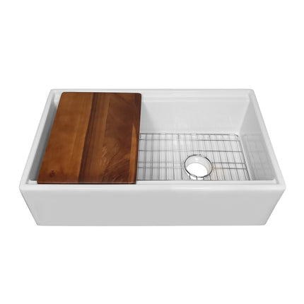 Whitehaus 30" Reversible Single Bowl Fireclay Sink Set With A Smooth Front Apron, Walnut Wood Cutting Board And Stainless Steel Grid - WHLW3019 Whitehaus