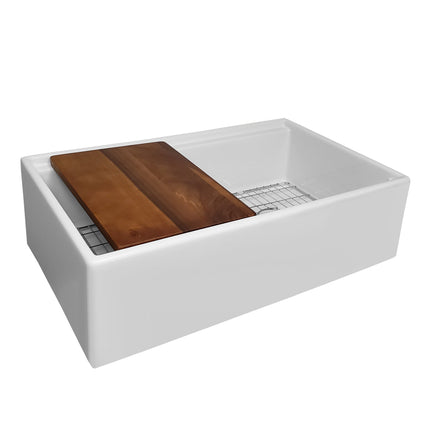 Whitehaus 30" Reversible Single Bowl Fireclay Sink Set With A Smooth Front Apron, Walnut Wood Cutting Board And Stainless Steel Grid - WHLW3019 Whitehaus