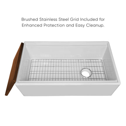 Whitehaus 30" Reversible Single Bowl Fireclay Sink Set With A Smooth Front Apron, Walnut Wood Cutting Board And Stainless Steel Grid - WHLW3019 Whitehaus