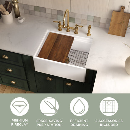 Whitehaus 30" Reversible Single Bowl Fireclay Sink Set With A Smooth Front Apron, Walnut Wood Cutting Board And Stainless Steel Grid - WHLW3019 Whitehaus