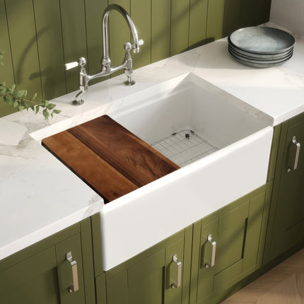 Whitehaus 30" Reversible Single Bowl Fireclay Sink Set With A Smooth Front Apron, Walnut Wood Cutting Board And Stainless Steel Grid - WHLW3019 Whitehaus