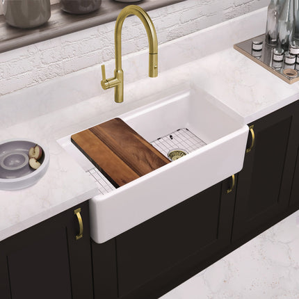 Whitehaus 33" Reversible Single Bowl Fireclay Sink Set With A Smooth Front Apron, Walnut Wood Cutting Board And Stainless Steel Grid - WHLW3319 Whitehaus