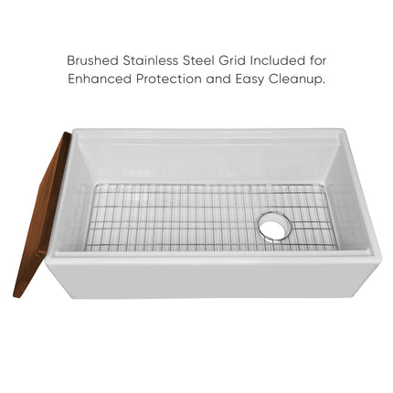 Whitehaus 33" Reversible Single Bowl Fireclay Sink Set With A Smooth Front Apron, Walnut Wood Cutting Board And Stainless Steel Grid - WHLW3319 Whitehaus