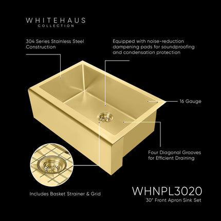 Noah Plus 16 gauge-Brass Finish- Single Bowl Undermount Sink Set with a seamless customized front Apron,WHNPL3020-B Whitehaus