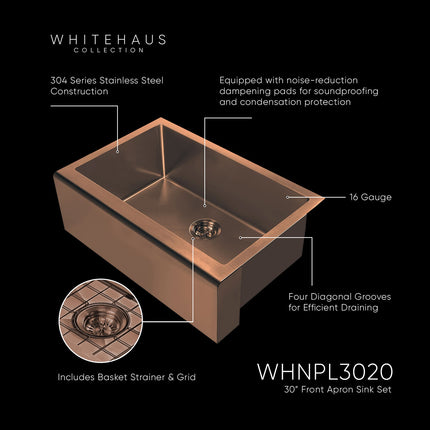 Whitehaus Noah Plus 16 gauge-Copper Finish- Single Bowl Undermount Sink Set with a seamless customized front Apron,WHNPL3020-CO Whitehaus