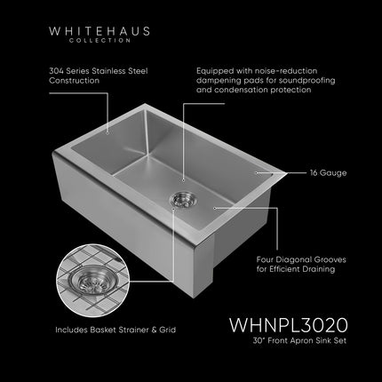 Whitehaus WHNPL3020-GM-Gun Metal Finish- Noah Plus 16 gauge Single Bowl Undermount Sink Set with a seamless customized front Apron Whitehaus