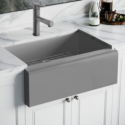 Whitehaus WHNPL3020-GM-Gun Metal Finish- Noah Plus 16 gauge Single Bowl Undermount Sink Set with a seamless customized front Apron Whitehaus