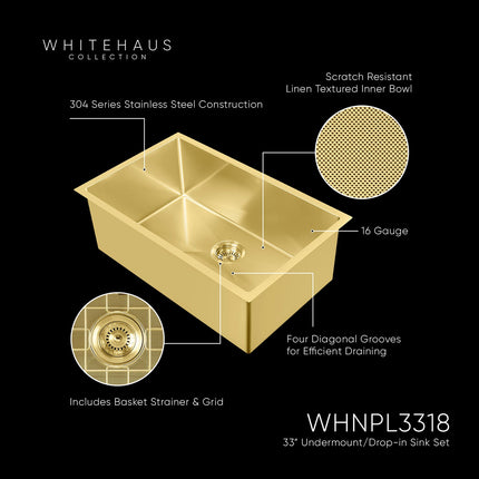 Whitehaus Noah Plus 16 Gauge Single Bowl Linen Textured Dual-Mount Sink Set - WHNPL3318-B Whitehaus