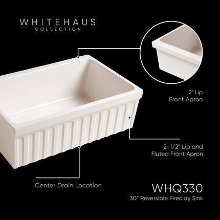 Whitehaus Farmhaus Fireclay Quatro Alcove Reversible Sink With A Fluted Front Apron And Decorative 2 1/2" Lip On One Side - WHQ330-BISCUIT Whitehaus