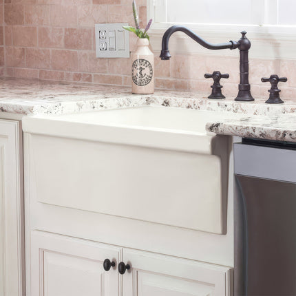 Whitehaus Farmhaus Fireclay Quatro Alcove Reversible Sink With A Fluted Front Apron And Decorative 2 1/2" Lip On One Side - WHQ330-BISCUIT Whitehaus